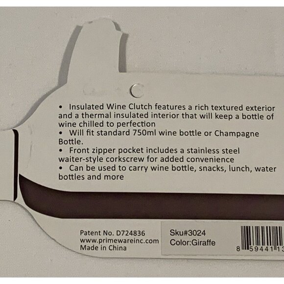 Primeware Insulated Wine Clutch Bag Giraffe Print Tote Corkscrew Thermal Zip NEW - Picture 4 of 12
